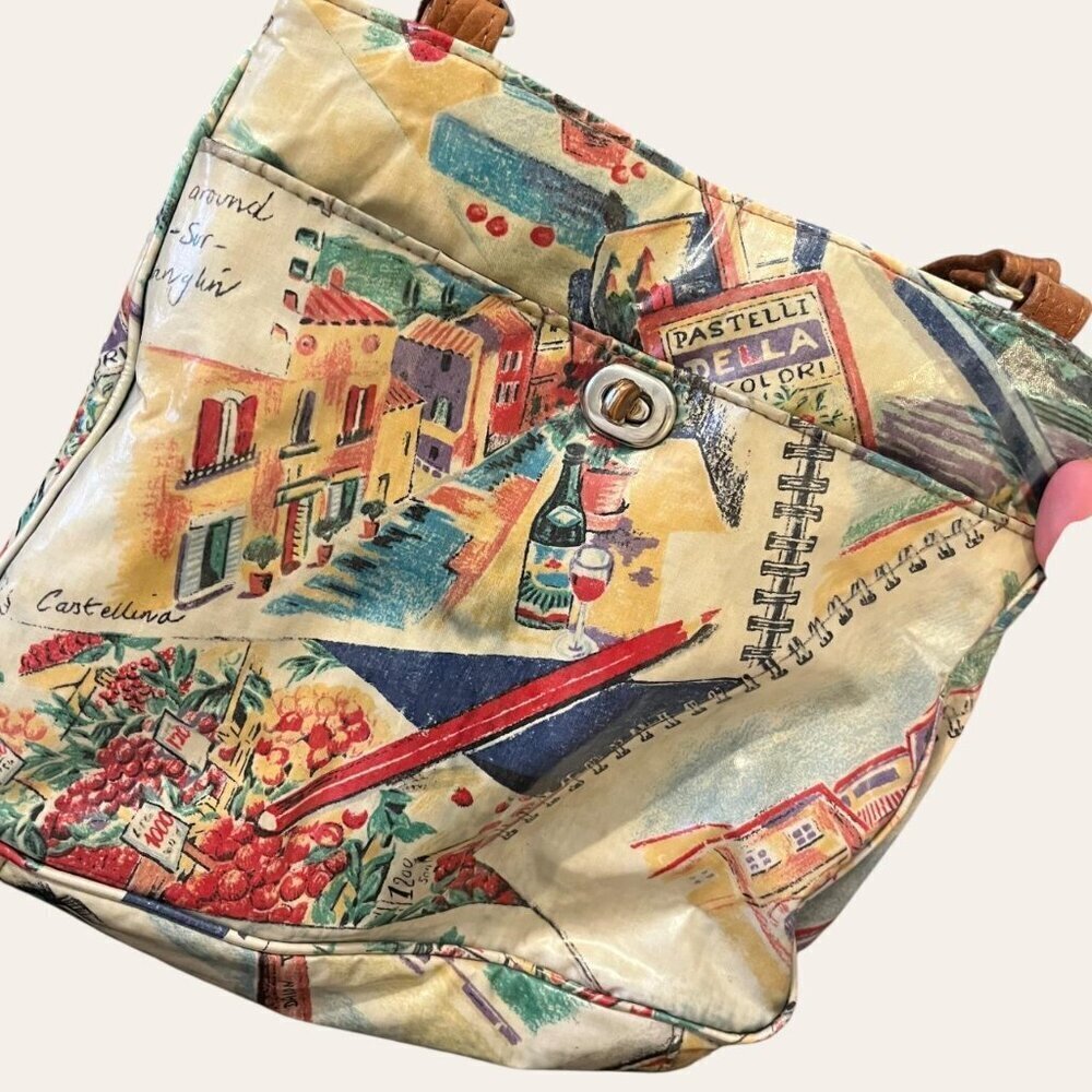 Unique vintage vinyl colored pencil illustrated European scenery artist purse - Picture 6 of 8
